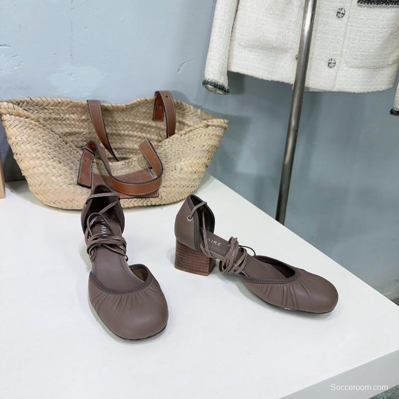 2025 Women LEMAIRE Brown Leather Mary Jane Lace-up Shoes