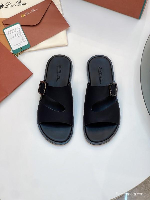 2025 Men Loro Piana Black Leather Slippers Buckle AS00250
