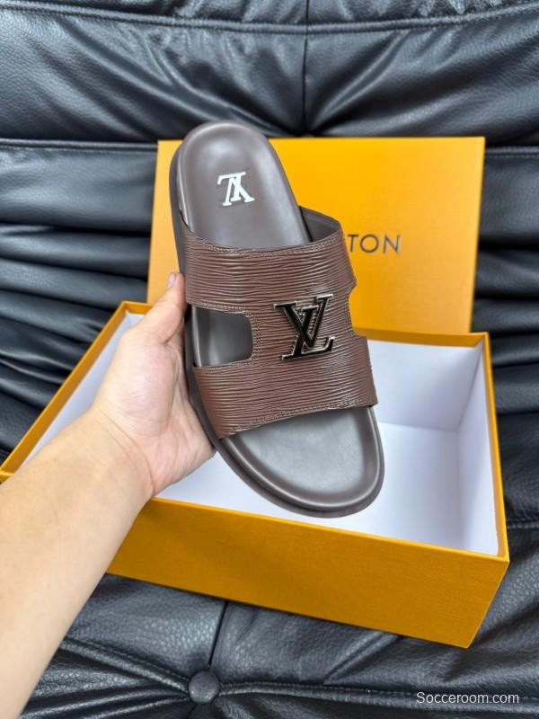 2025 Men Louis Vuitton Brown Leather Slippers AS00170