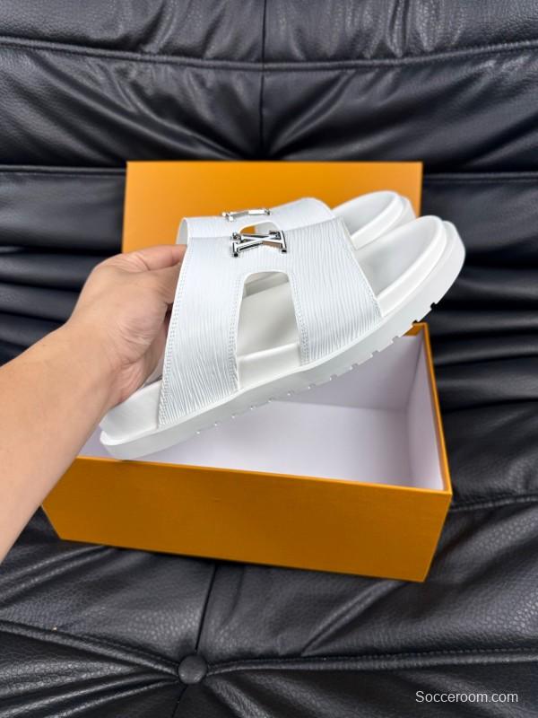 2025 Men Louis Vuitton White Leather Slippers AS00170