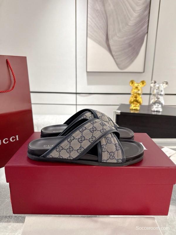 2025 Unisex Gucci Grey Black Canvas Slippers Double G Embossed AS00240
