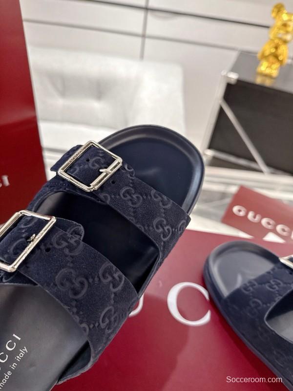 2025 Unisex Gucci Black Leather Fabric Slippers Double G Embossed AS00240