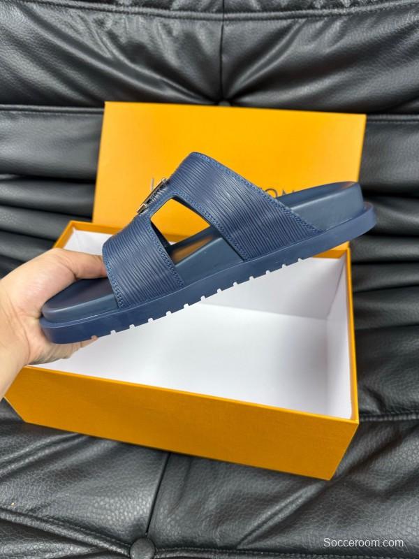 2025 Men Louis Vuitton Blue Leather Slippers AS00170
