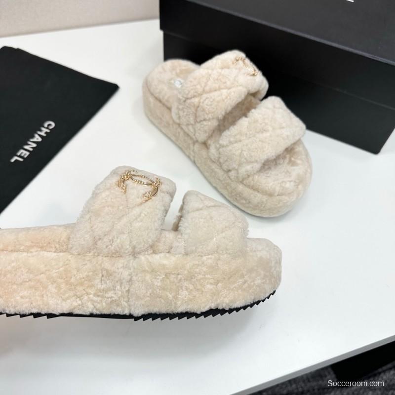 Chanel 2025 SS New Autumn Winter Lazy Sheep Genuine Wool Lazy Slippers Chanel Quilted Thick Sole Fur Slides - LY00300