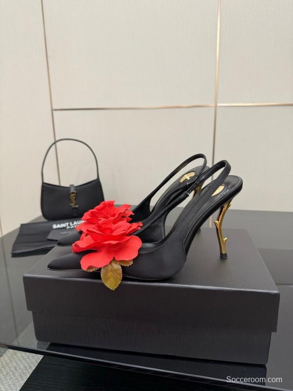 Saint Laurent 2025 SS Rose Thorn High Heels with Sculptural Gold Heel - KFY00320