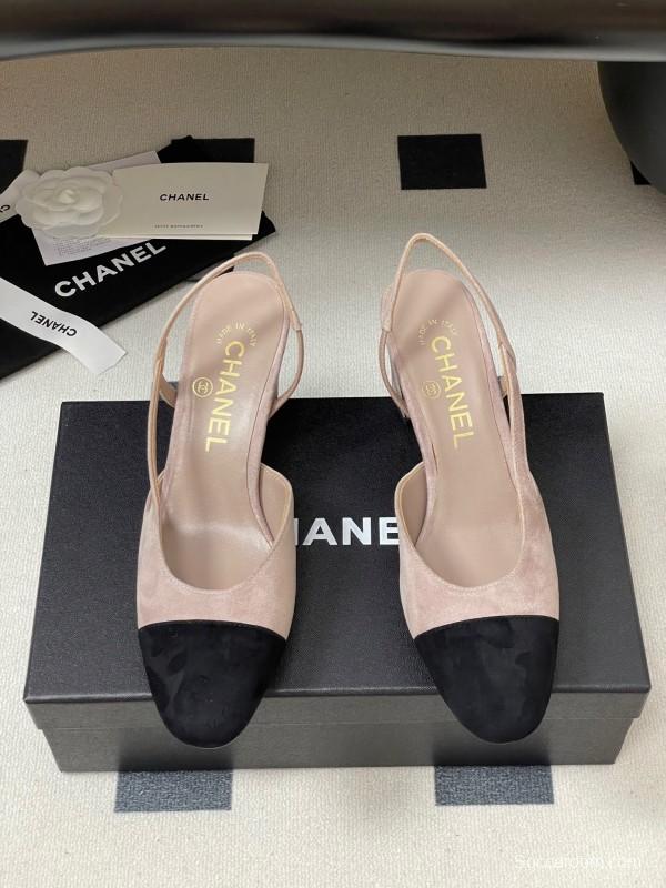 Chanel Sling-back Two-tone Suede Slingback Sandals Flat/Block Heel - KFY00280