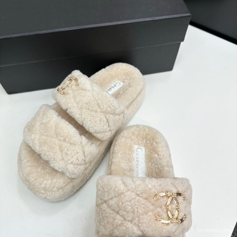 Chanel 2025 SS New Autumn Winter Lazy Sheep Genuine Wool Lazy Slippers Chanel Quilted Thick Sole Fur Slides - LY00300