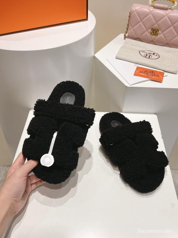 H Full Straight Hair Particle Fur Slippers - LY00300