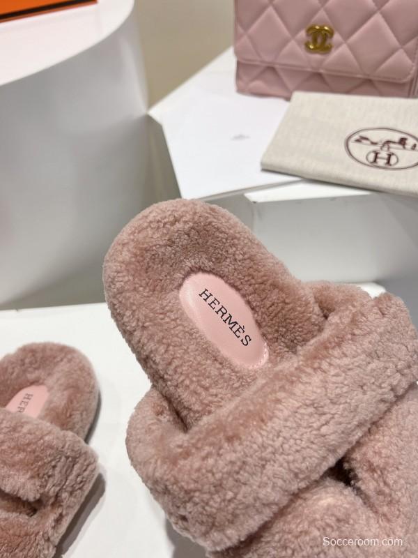 H Love Erjiu Full Wool Slippers with Slightly Curled Wool - LY00270