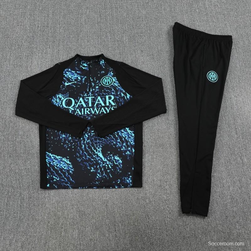 Player Version 25/26 Inter Milan Black with Blue Water Splash Pattern Half Zipper Jacket Tracksuit +Long Pants