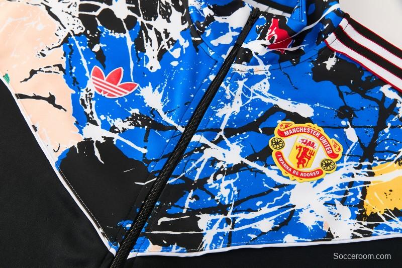 2026/27 Manchester United Black Grunge Splatter Paint Full Zipper Jacket Tracksuit + Long Pants