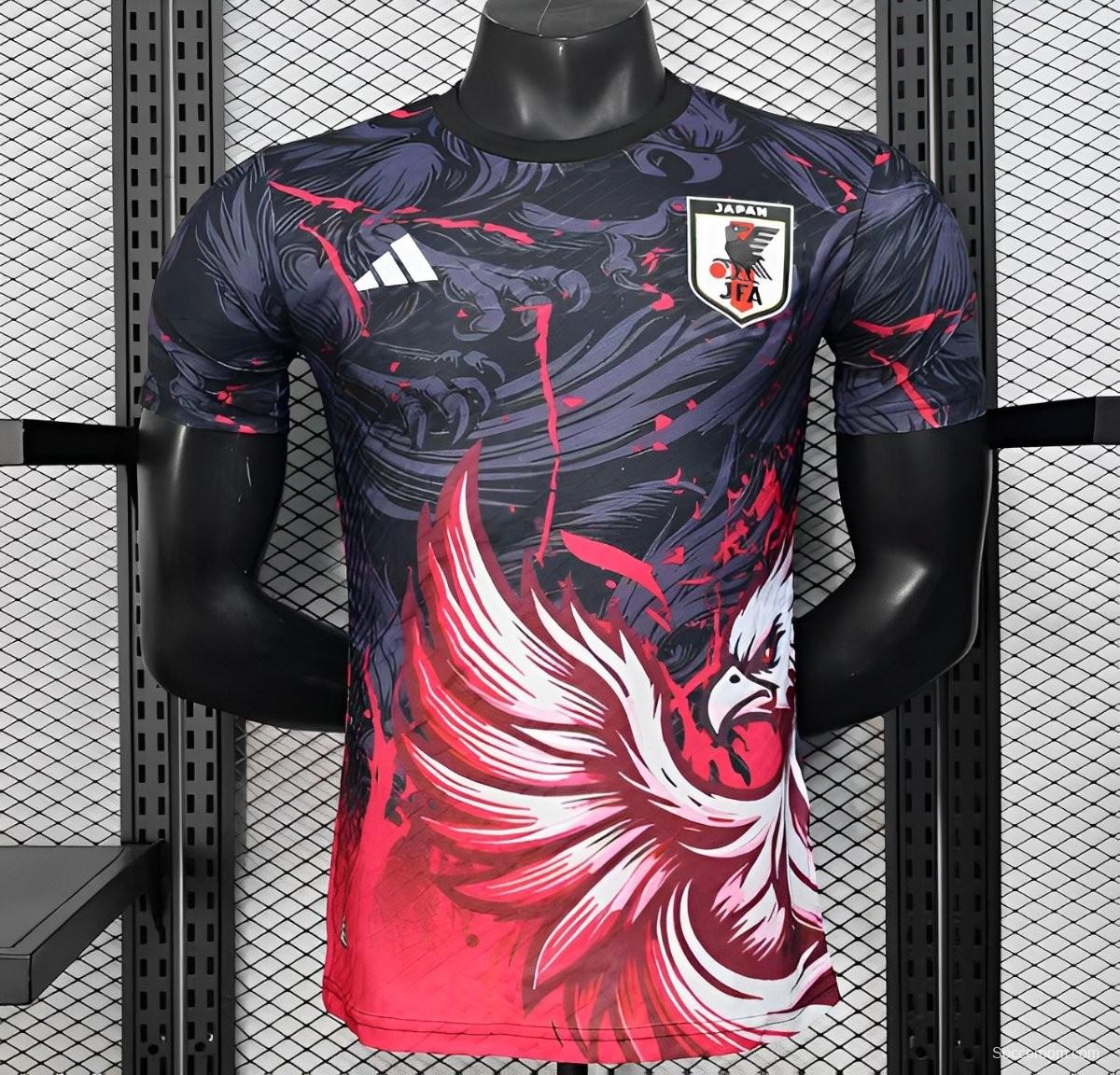 Player Version 2025 Japan Dark Navy with Rising Phoenix Design and Red Gradient Splash Pattern Jersey