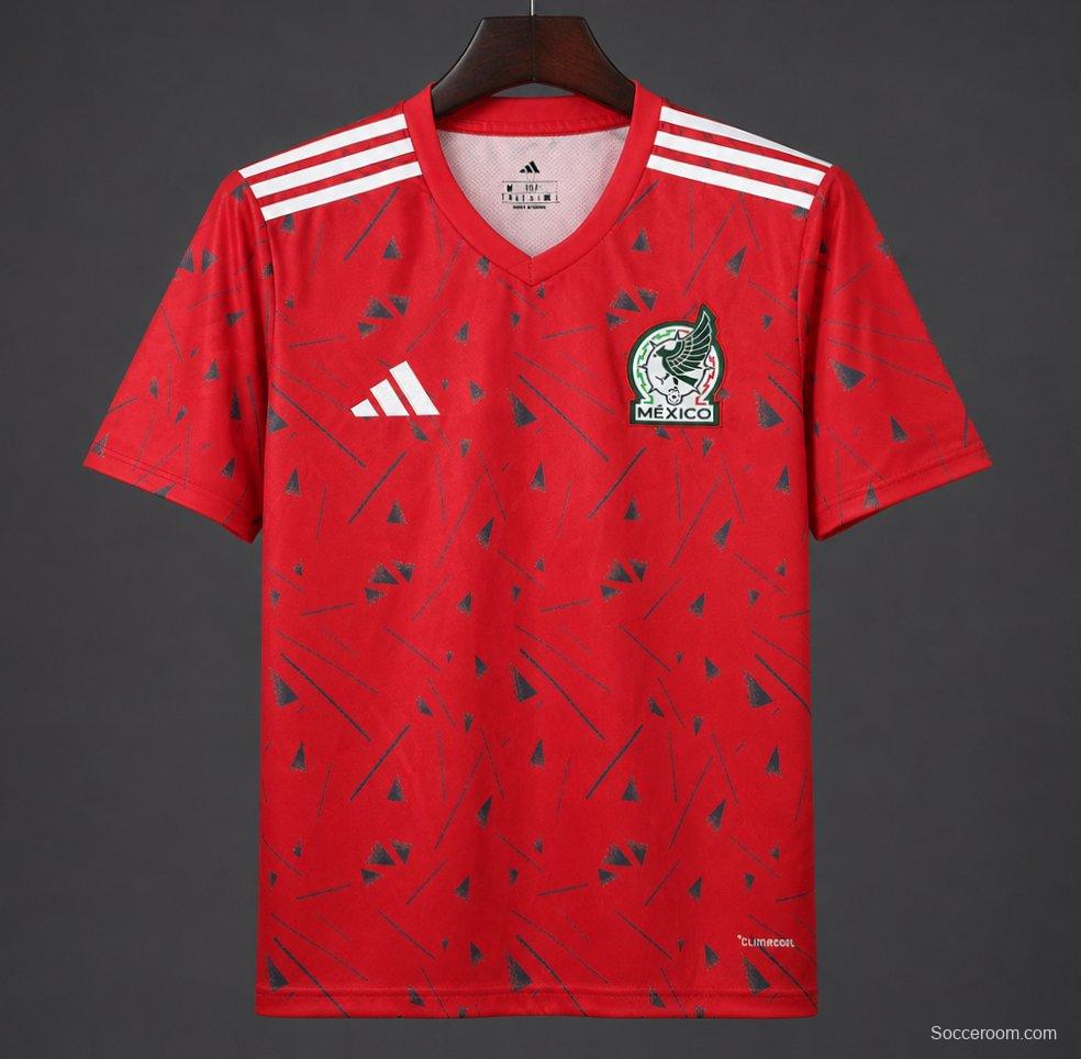 2026 Mexico Red Soccer Jersey with Green Geometric Triangles and Stripe
